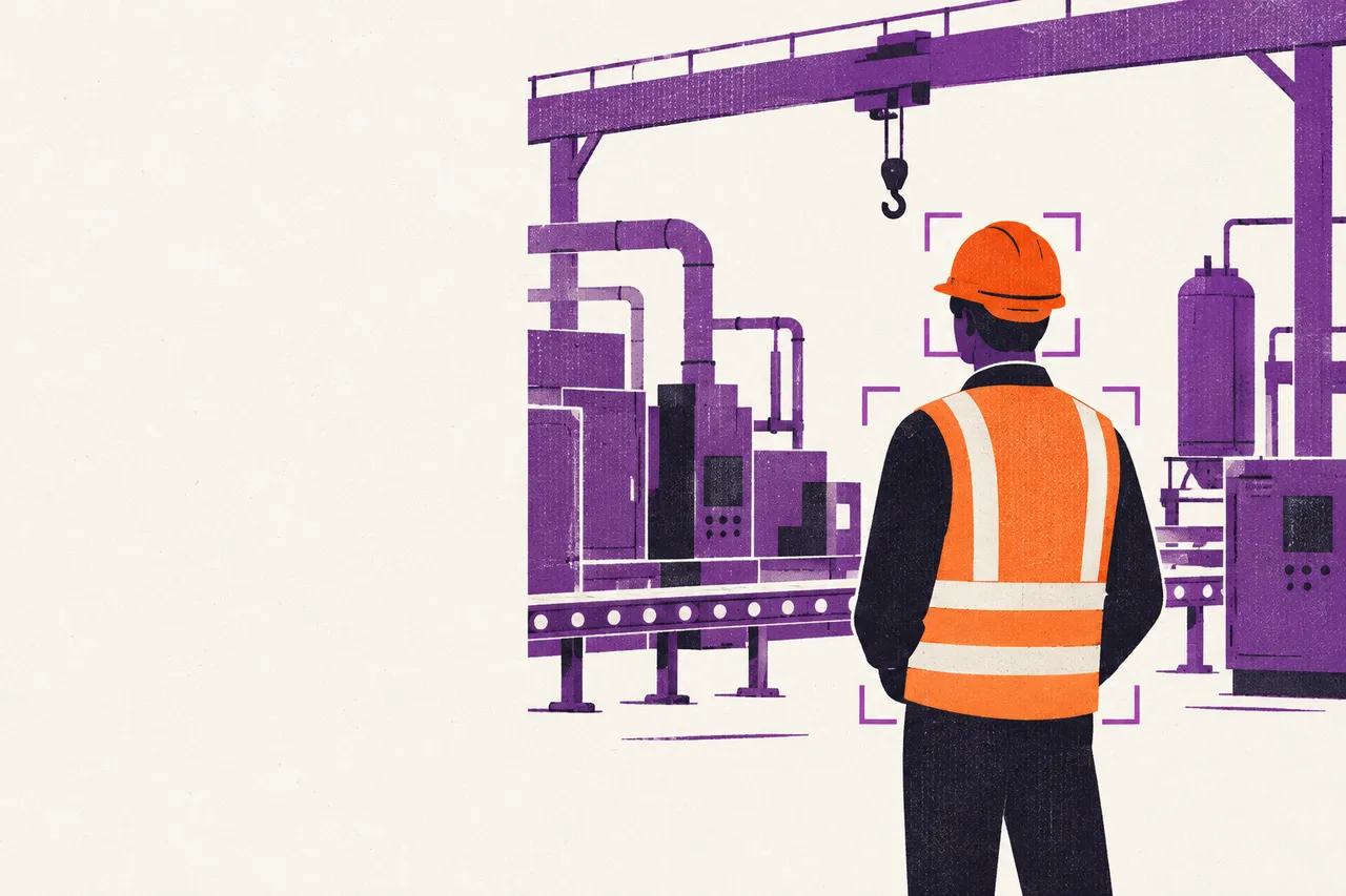 Illustration : un opérateur de dos dans un atelier industriel, casque et gilet orange, chacun entouré d'un cadre de détection violet.