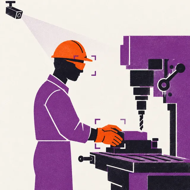 Illustration : un opérateur sur une machine-outil, lunettes et gants orange encadrés par la détection, sous l'œil d'une caméra.