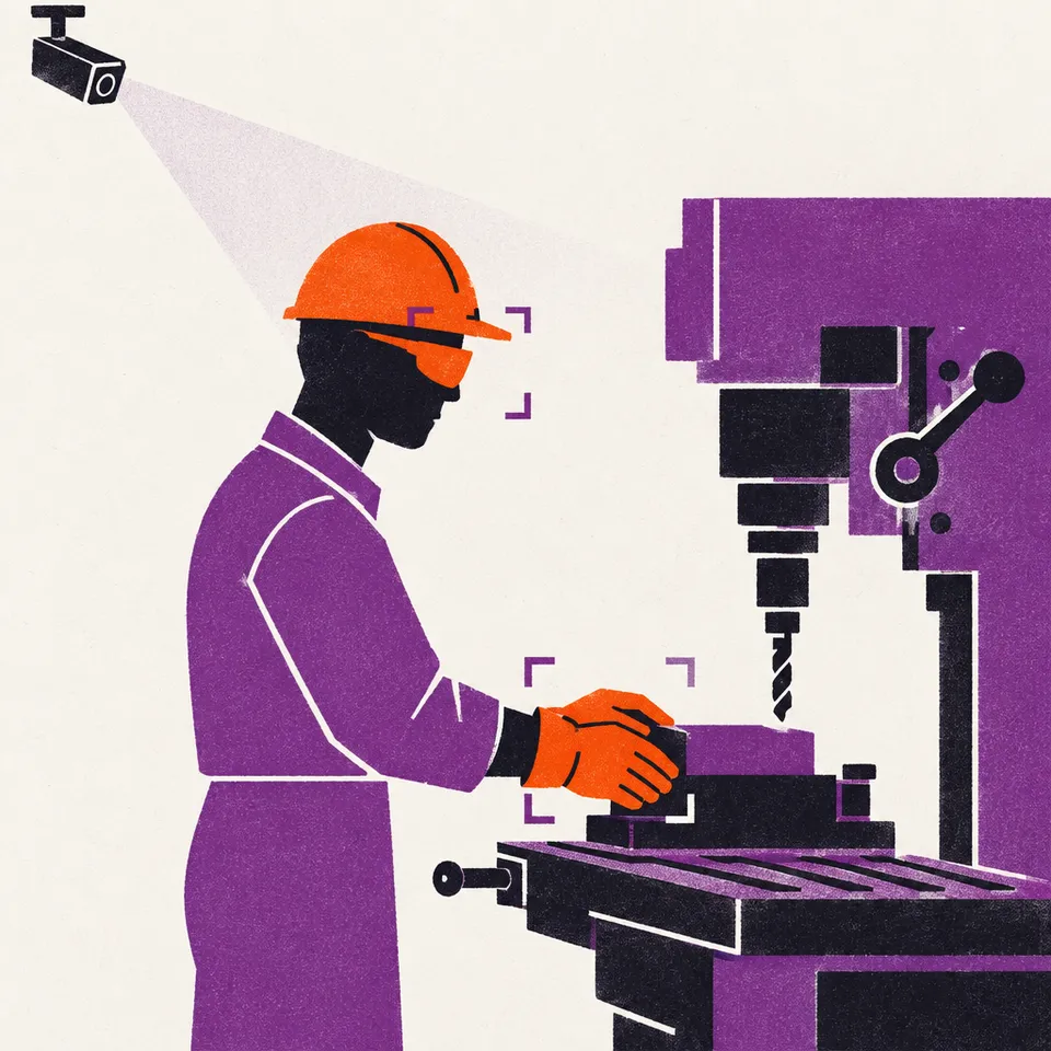 Illustration : un opérateur sur une machine-outil, lunettes et gants orange encadrés par la détection, sous l'œil d'une caméra.