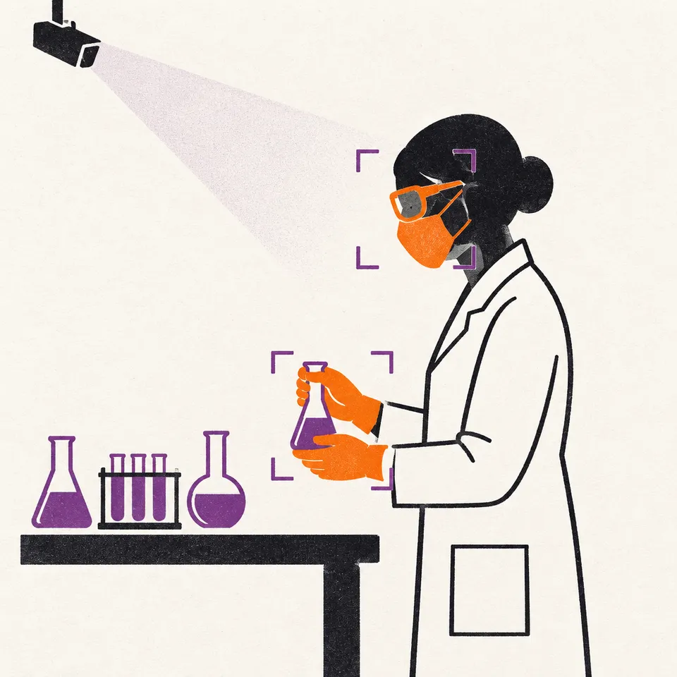 Illustration : une personne en laboratoire, lunettes, gants et masque orange encadrés par la détection.