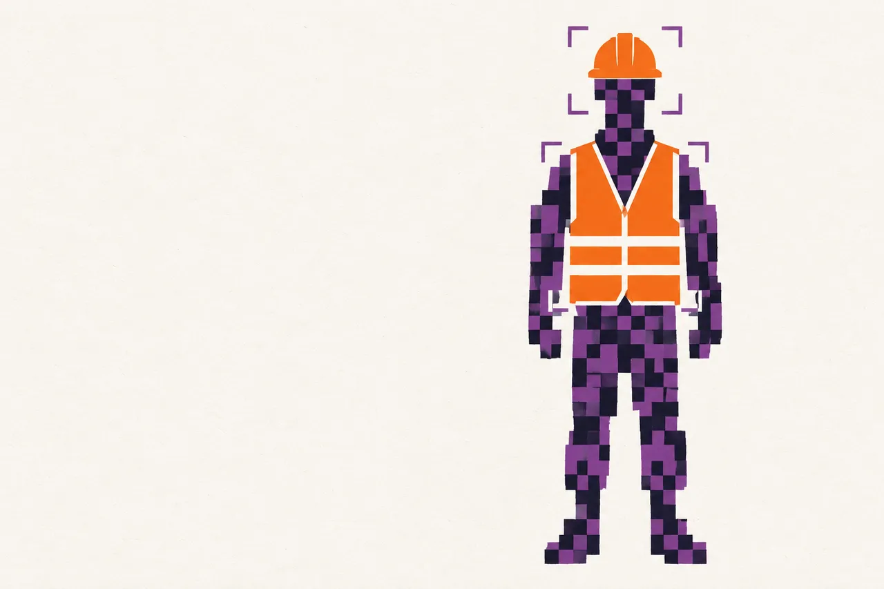 Illustration : une silhouette entièrement pixellisée dont seuls le casque et le gilet orange restent nets, chacun entouré d'un cadre de détection violet.