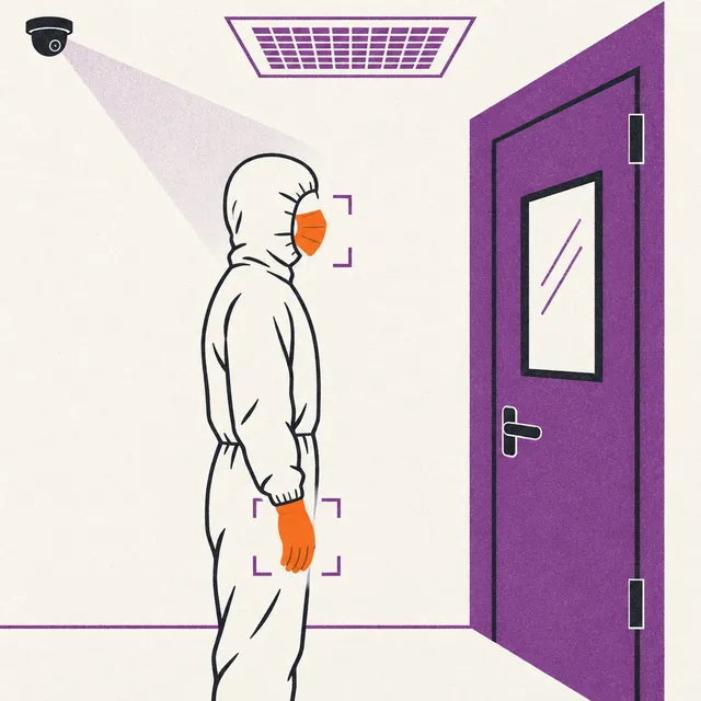 Illustration : une personne dans le sas d'une salle blanche, masque et gants orange encadrés par la détection.