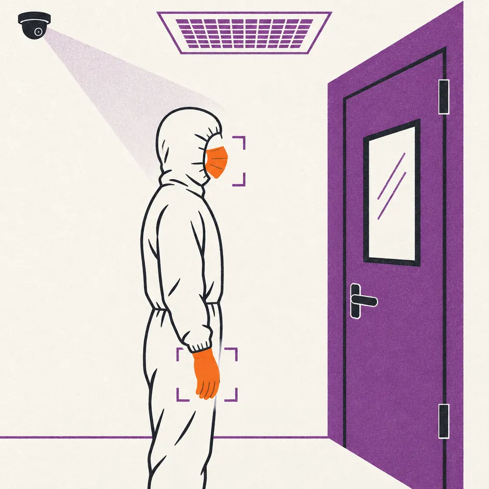 Illustration : une personne dans le sas d'une salle blanche, masque et gants orange encadrés par la détection.