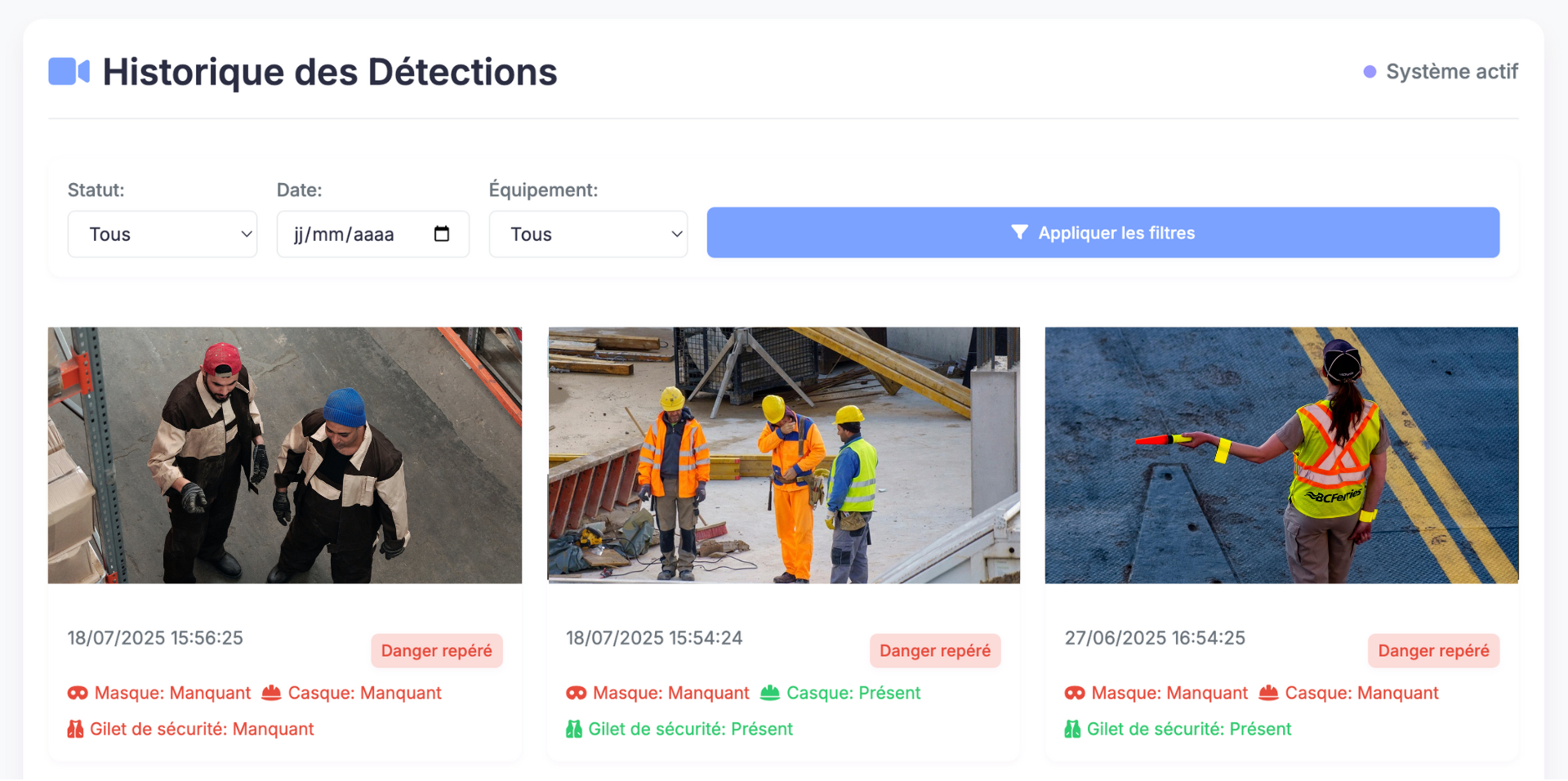 Dashboard IA ZephyrWatch - Détection temps réel EPI casques gilets et autres équipements de protection